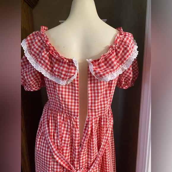Vintage Gingham picnic red dress state fair women americana eyelet handmade 70s - Picture 4 of 9